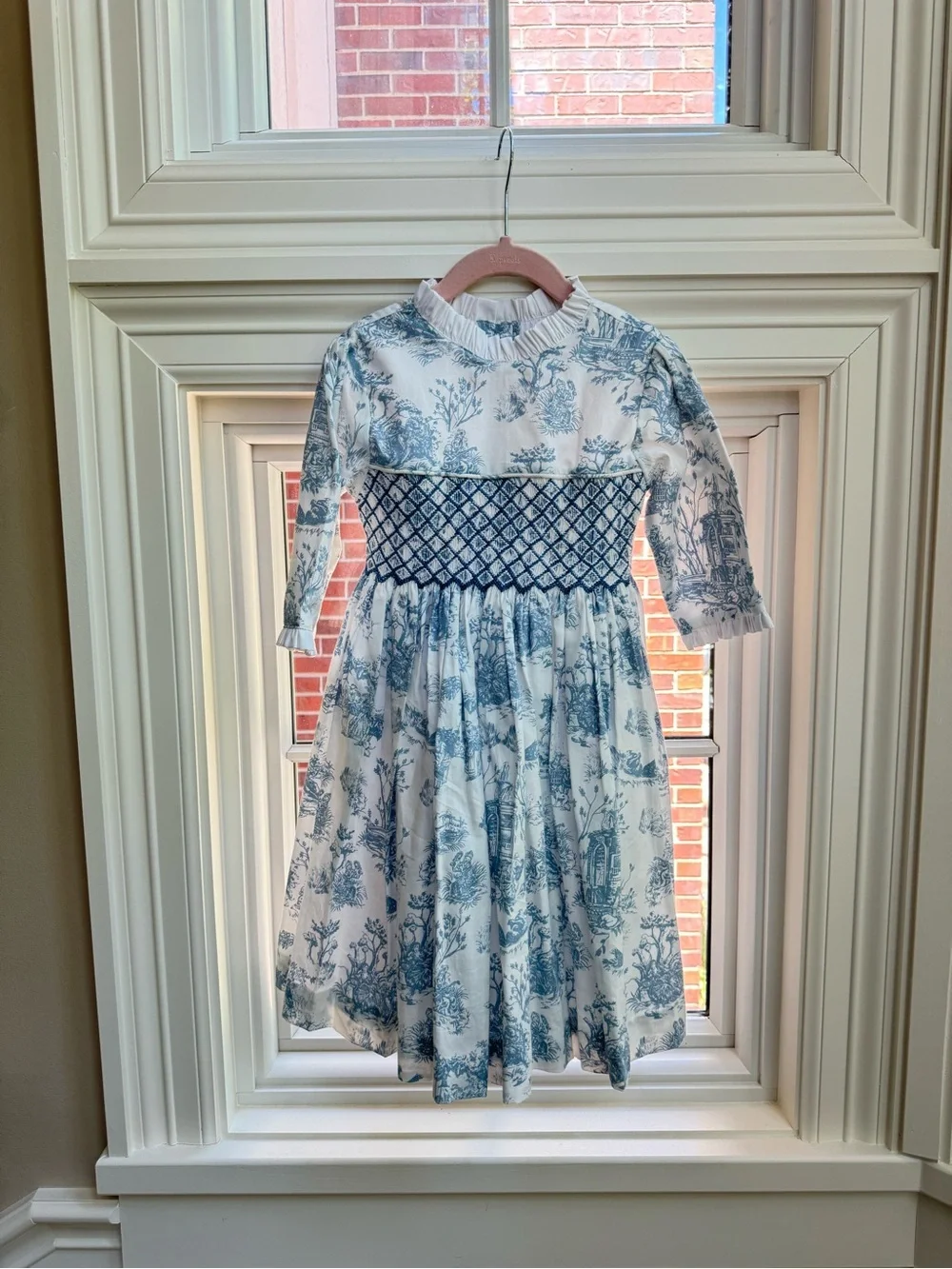 Blue and White Toile Smocked Waist Formal Girl's Dress